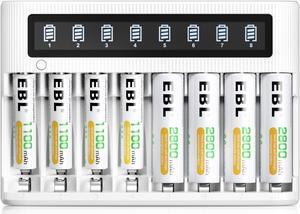 EBL Smart LCD 8 Bay AA AAA Battery Charger with 4PCS 2800mAh NiMH Rechargeable AA and 4PCS 1100mAh AAA Batteries Combo