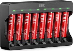 EBL 8 Pack Rechargeable AAA Batteries 1200mWh with 8 Bay Smart Battery Charger for AA AAA Lithium Batteries