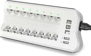 EBL Smart 8 Bay Individual Battery Charger for AA AAA NiMH NiCD Rechargeable Batteries Build-in 2 USB Fast Charging Ports