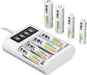 EBL AA AAA Rechargeable Battery 8 Counts with Battery Charger - LCD Smart Charger with 4pcs 1.2V 2800mAh AA Rechargeable Battery and 4pcs 1100mAh AAA Batteries