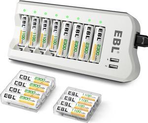 EBL Pack Ni-MH AA 2300mAh & 1100mAh AAA Rechargeable Batteries and 808U AA AAA Rechargeable Battery Charger with 2 USB Charging Ports