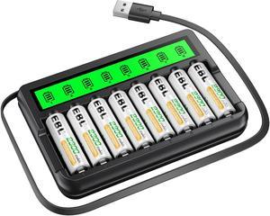 EBL Rechargeable AA Batteries and Battery Charger with Built-in Cable, 8 Pack of 1.2V 2300mAh Ni-MH Double A Batteries and 8-Bay LCD Smart AA AAA Battery Charger