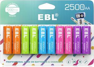 EBL 10-Pack AA Rechargeable Batteries Rainbow 2500mAh with 1200 Deep Cycle for Camera Flashlight with Battery Case