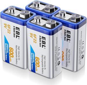 EBL 9V Rechargeable Batteries 9 Volt Lithium ion 600mAh Li-ion Batteries 4-Pack