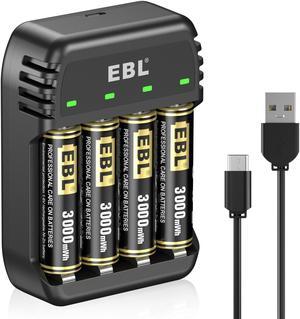 EBL Rechargeable AA Batteries 4 Pack Ni-Zn 3000mWh with 4 Bay Ni-Zn/Ni-MH Battery Charger - 1.6V Double A Battery High Performence Battery and AA AAA Battery Charger