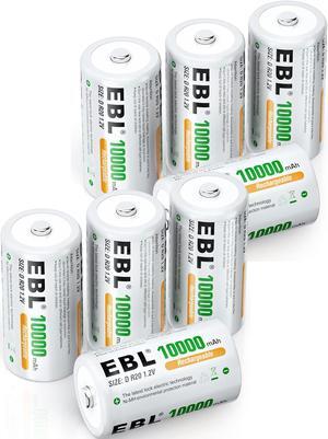 EBL 8 Pack 10000mAh Ni-MH D Cells Rechargeable Batteries with Battery Case