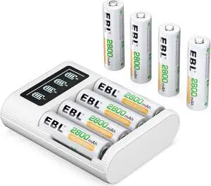 EBL 8 Pack 2800mAh Rechargeable AA Batteries and USB Type-C Battery Charger with LCD Screen for AA AAA Batteries