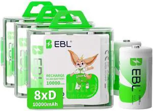 EBL 8 Pack Size D Battery 10000mAh High Capacity High Rate Ni-MH Rechargeable Batteries