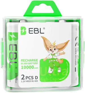 EBL 2 Pack D Size 10,000mAh High Capacity Ni-MH Rechargeable Batteries