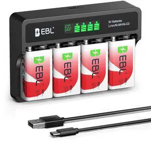 EBL 4 Pack 9V Li-ion Rechargeable Batteries 600mAh with LCD 9V Smart Battery Charger for 9 Volt Lithium-ion/Ni-MH/Ni-CD Rechargeable Batteries