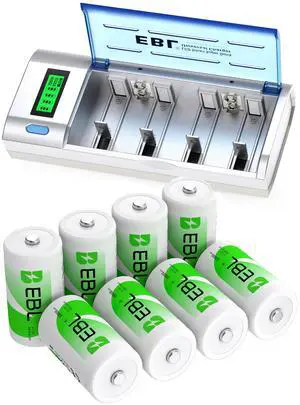 EBL 8 Piece Size D Cells Rechargeable Batteries 10000mAh with Battery Charger