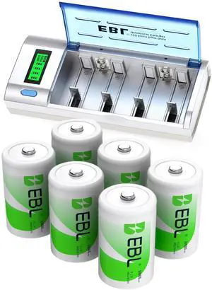 EBL 6 Pack 10000mAh 1.2V Size D Batteries with LCD Battery Charger For 9V C D AA AAA Ni-MH Ni-CD Rechargeable Batteries