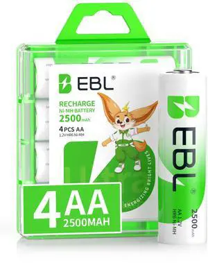 EBL 4 Pcs AA Rechargeable Batteries NiMH 2500mAh High Performance Pre-Charged AA Battery