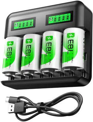 EBL LCD Rechargeable Battery Charger for Ni-MH AA AAA C D Rechargeable Batteries with Rechargeable D Batteries - 4 Pack