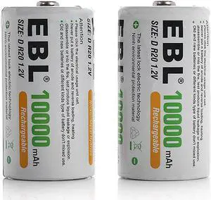 EBL 2 Pack D Size 10,000mAh High Capacity Ni-MH Rechargeable Batteries