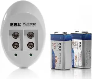EBL 2 Pack 6F22 600mAh 9V Rechargeable Batteries+ Battery Charger for Li-ion NI-MH NI-CD Replacement Battery