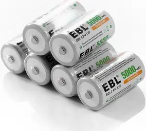 EBL 6 Pack Size C R14 Battery 5000mAh 1.2v Ni-MH Rechargeable Batteries