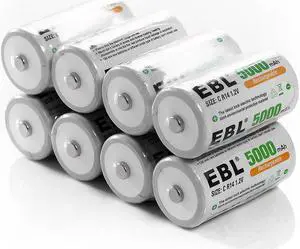EBL 8 Pack 1.2v Size C R14 Battery Ni-MH 5000mAh Rechargeable Batteries