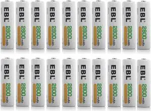 EBL 20 Pack High Capacity 2800mAh AA Ni-MH Rechargeable Batteries, Battery Case Included
