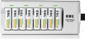 EBL 8 Pack 2300mAh Ni-MH AA Rechargeable Batteries + 8 Bay Battery Charger for 2/4/6/8 AA/AAA Ni-MH/Ni-CD Rechargeable Battery