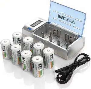 EBL 8 Piece 1.2V Size D Cells Rechargeable Batteries 10000mAh With C D 9V AA AAA Battery Charger