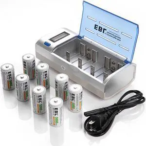 EBL 8 Pack 5000mAh Size C Battery with 906 Smart Battery Charger for AA AAA C D 9V Ni-MH Ni-CD Rechargeable Batteries
