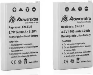 Powerextra 2 Pack 3.7v 1400mAh Replacement Battery for Nikon EN-EL5 and Nikon CoolPix 3700, 4200, 5200, 5900, 7900, P3, P4, P80, P90, P100, P500, P510, P520, P530, P5000, P6000, S10 Digital Camera