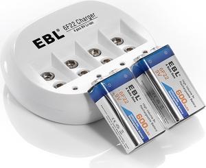 EBL 2 Pack 6F22 600mAh 9V Lithium-ion Rechargeable Batteries with 4 Bay 9V Li-ion Battery Charger