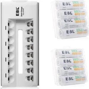 EBL 8 Pack 2800mAh AA Battery Ni-MH Rechargeable Batteries with 8 Bay Battery Charger