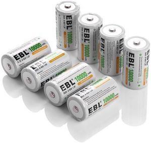 EBL 8 Pack Size D Battery 10000mAh High Capacity High Rate Ni-MH Rechargeable Batteries
