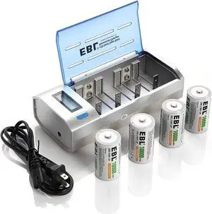 EBL 4 Pack 10000mAh Size D Battery with Battery Charger for C D 9V AA AAA Rechargeable Batteries