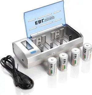 EBL 4 Pieces 5000mAh C Size Battery With 906 Smart Battery Charger for AA AAA C D 9V Rechargeable Batteries
