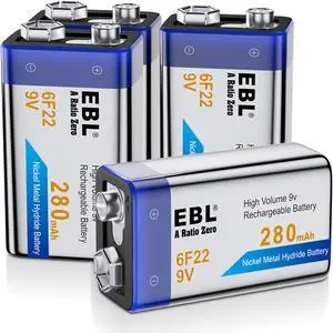 EBL 4 Pcs 6F22 9V 280mAh Ni-MH Rechargeable Batteries