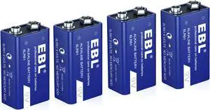 EBL 4 Pcs 9V 6LR61 Battery 9 Volt Alkaline Batteries Ultra Long Lasting and Leak Proof