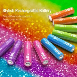 EBL 10 Pack AAA Rechargeable Batteries 1.2V 1100mAh Ni-Mh Triple AAA Battery - 5 Color in One Box