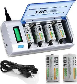 EBL 6 Pack C Size R14 Battery 5000mAh 1.2V Ni-MH Rechargeable Batteries + LCD Battery Charger for AA AAA 9V C D Battery