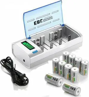 EBL 10 Pcs 5000mAh Size C Batteries + LCD Battery Charger For AA AAA 9v C D Ni-CD Ni-MH Rechargeable Batteries