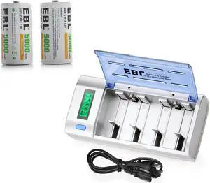 EBL 2 Pack 5000mAh Size C Battery + LCD Battery Charger for AA AAA 9v C D Ni-MH Ni-CD Rechargeable Batteries