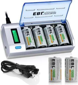 EBL 6 Pack 10000mAh 1.2V Size D Batteries + LCD Battery Charger For 9V C D AA AAA Ni-MH Ni-CD Rechargeable Batteries