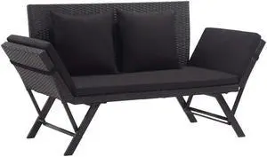 vidaXL Patio Bench with Adjustable Armrest and Cushions Black Poly Rattan