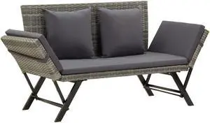 vidaXL Patio Bench Outdoor Bench with Armrest and Cushions Gray Poly Rattan