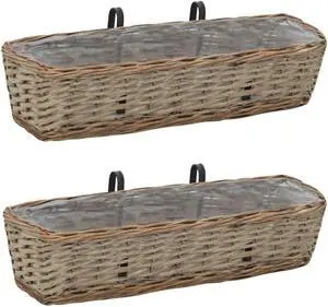 vidaXL Railing Planters Balcony Planters with PE Lining 2 Pcs Wicker Brown
