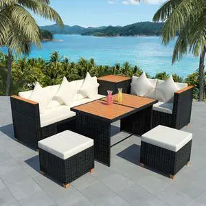 vidaXL Patio Furniture Set 7 Piece Outdoor Sofa and Table Poly Rattan Black