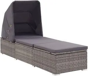vidaXL Patio Lounge Chair Sunlounger with Canopy and Cushion Poly Rattan Gray