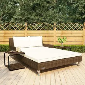 vidaXL Daybed 2-Person Patio Garden Sun Bed with Cushions Poly Rattan Brown