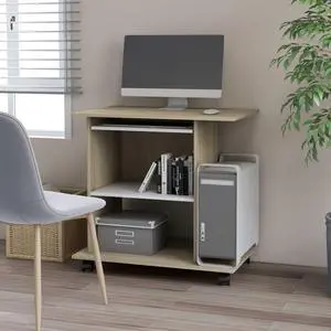 vidaXL Computer Desk White and Sonoma Oak Engineered Wood Workstation Desk