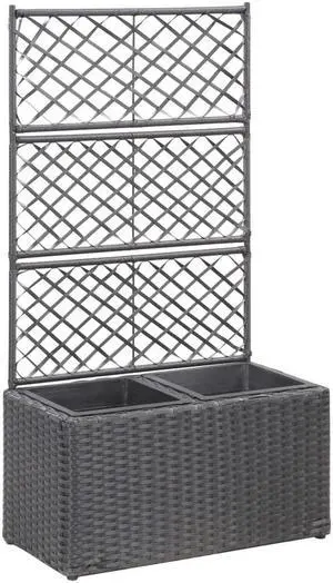 vidaXL Trellis Raised Bed with 2 Pots Poly Rattan Black Planter Growing Box