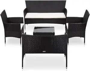 vidaXL Patio Furniture Set 5 Piece Patio Sofa with Table Poly Rattan Black