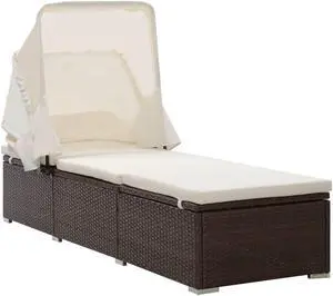 vidaXL Patio Lounge Chair Sunlounger with Canopy and Cushion Poly Rattan Brown