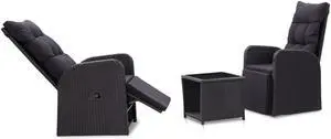 vidaXL Patio Bistro Set 3 Piece Table and Reclining Chair Poly Rattan Black